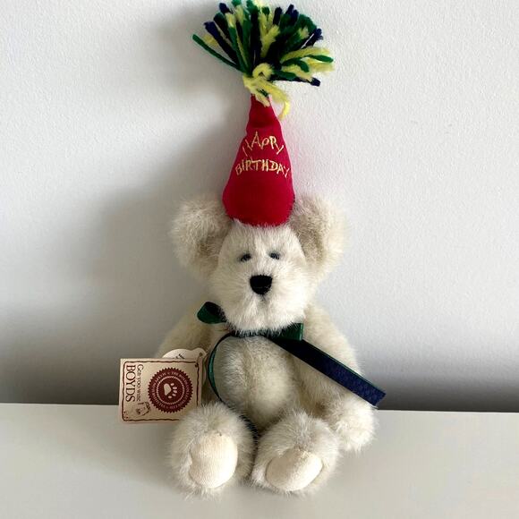 Boyds Collection 2001 Happy Birthday Bear Plush Off White w/Red Party Hat - Picture 9 of 9